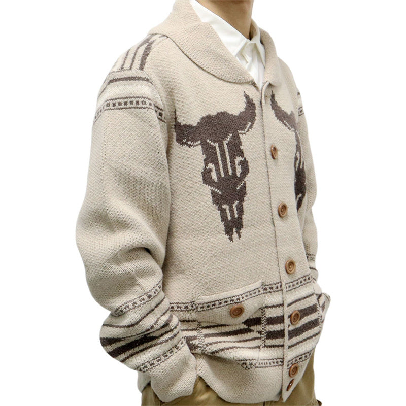 Casual Fashion Vintage Jacquard Knitted Jacket Long-sleeved Lapel Button Sweater Men