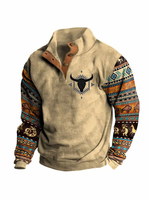 Winter Digital Printing Long Sleeve Stand Collar Half Button Sweater Men