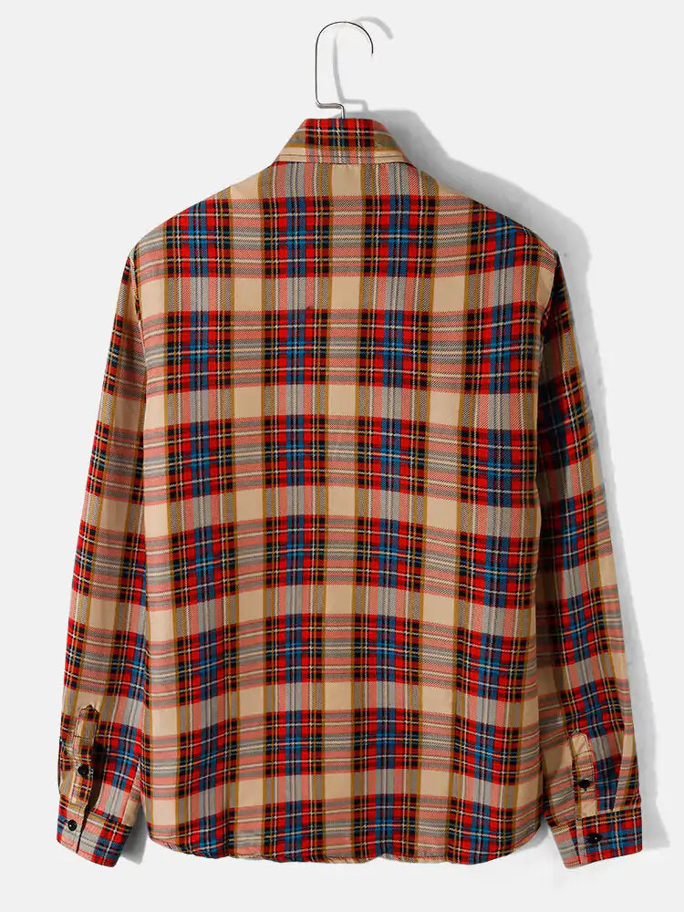 Mens Plaid Print Lapel Long Sleeve Preppy Shirts