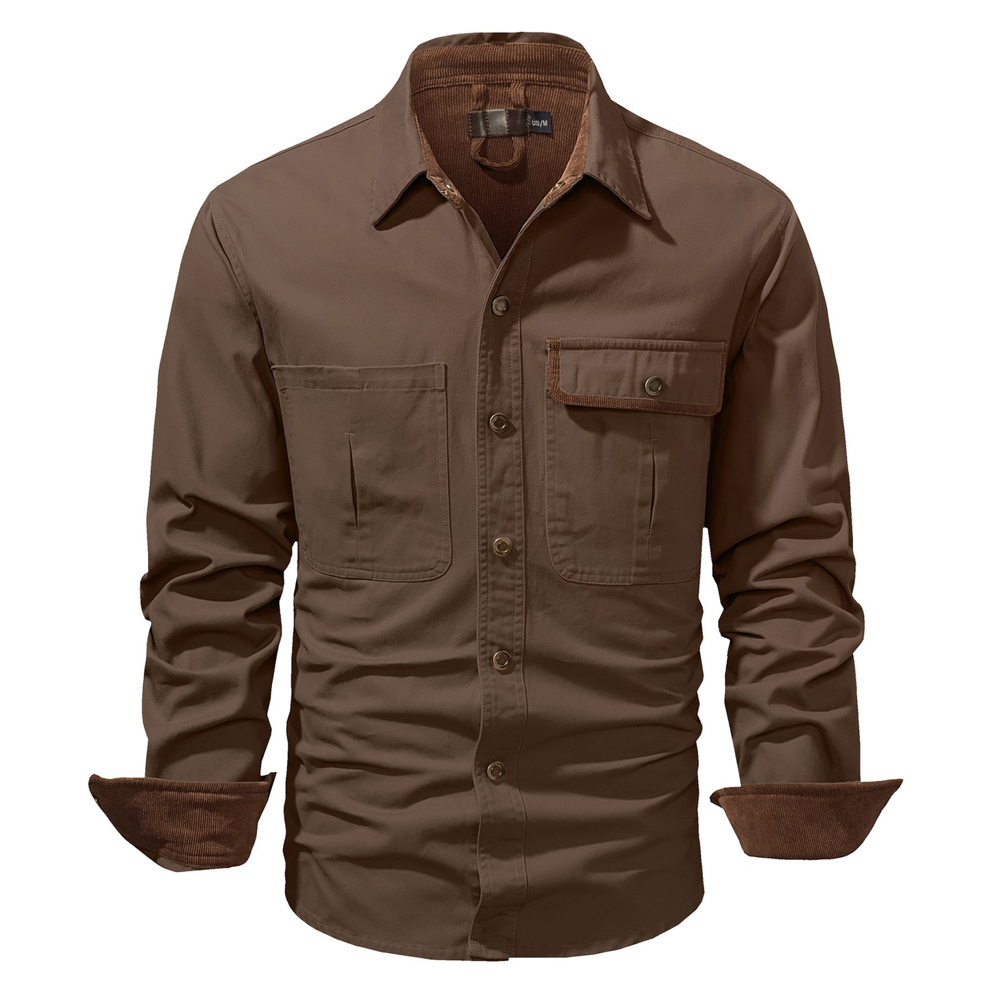 Washed Cotton Solid Color Polo Collar Men's Long Sleeve Shirt