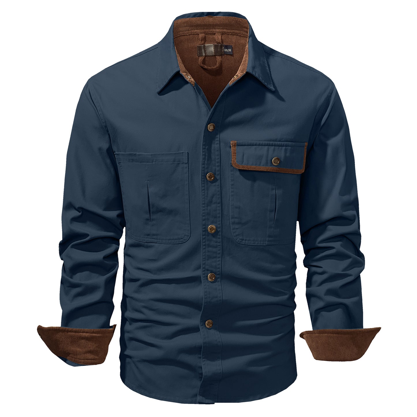 Washed Cotton Solid Color Polo Collar Men's Long Sleeve Shirt