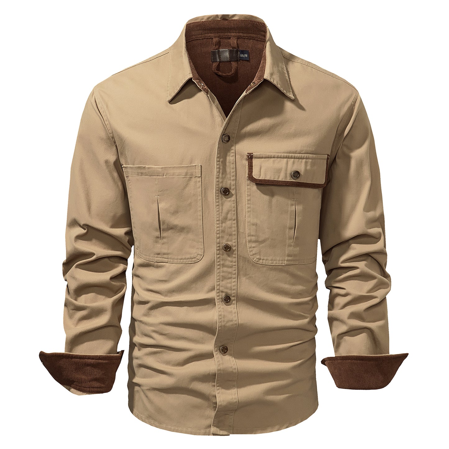 Washed Cotton Solid Color Polo Collar Men's Long Sleeve Shirt