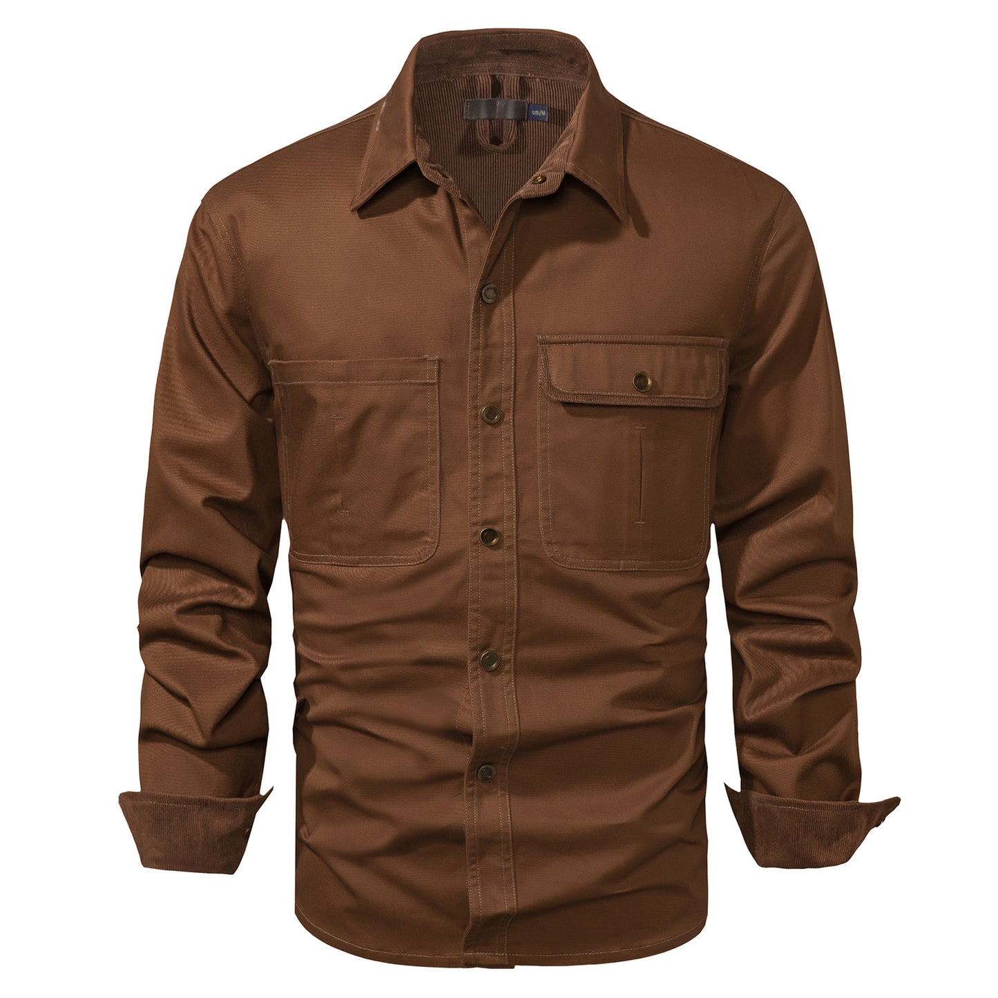 Washed Cotton Solid Color Polo Collar Men's Long Sleeve Shirt