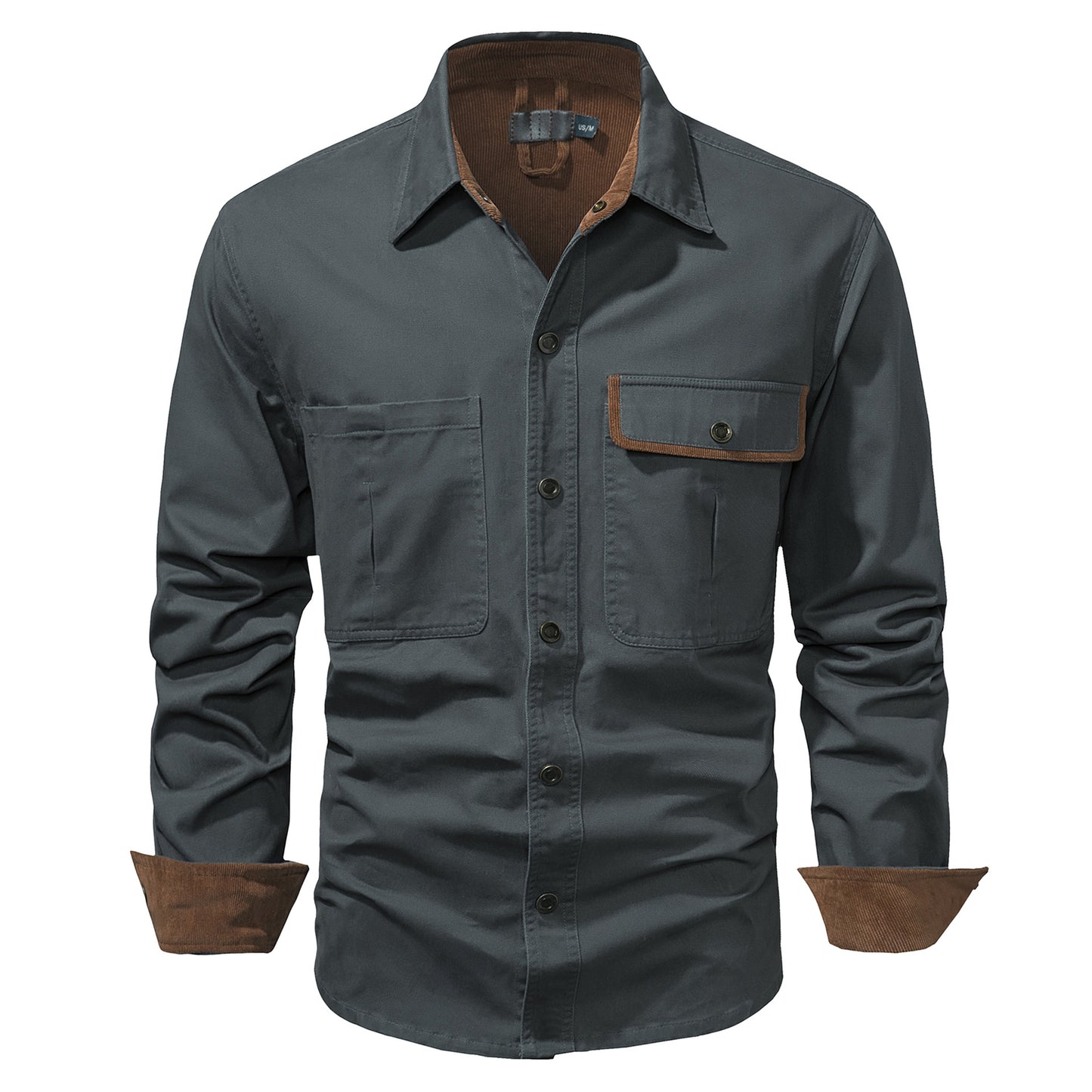 Washed Cotton Solid Color Polo Collar Men's Long Sleeve Shirt