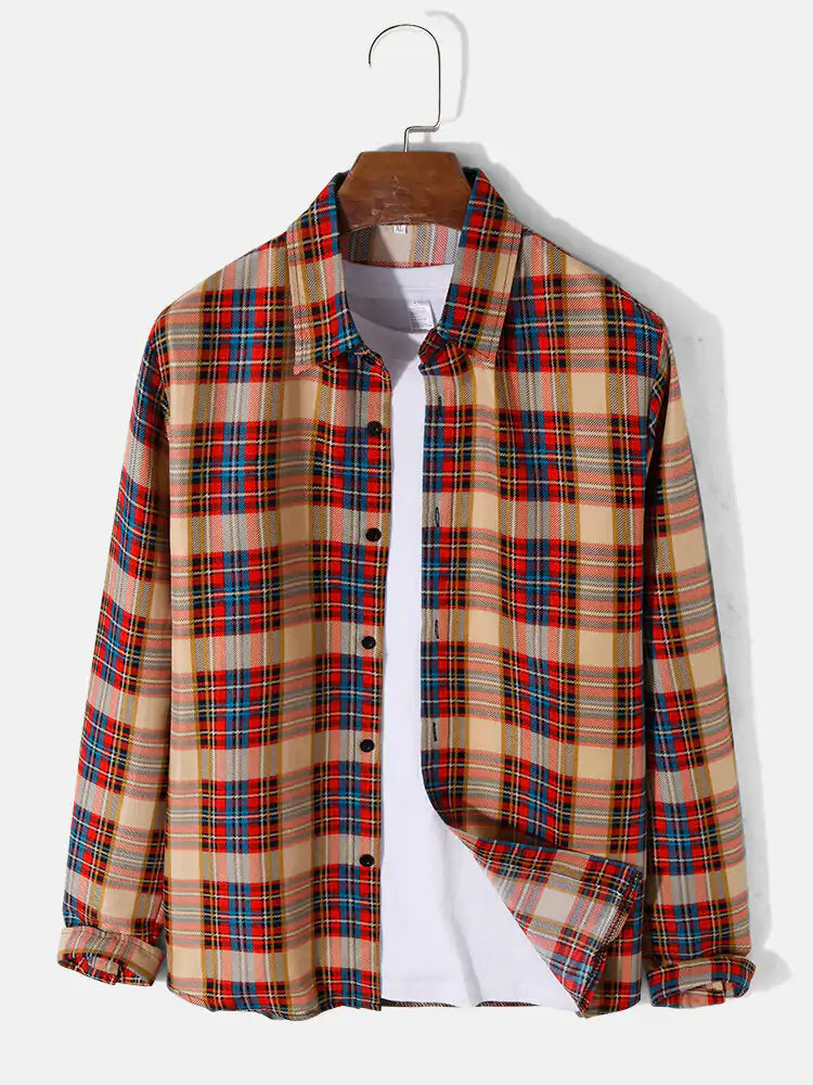 Mens Plaid Print Lapel Long Sleeve Preppy Shirts