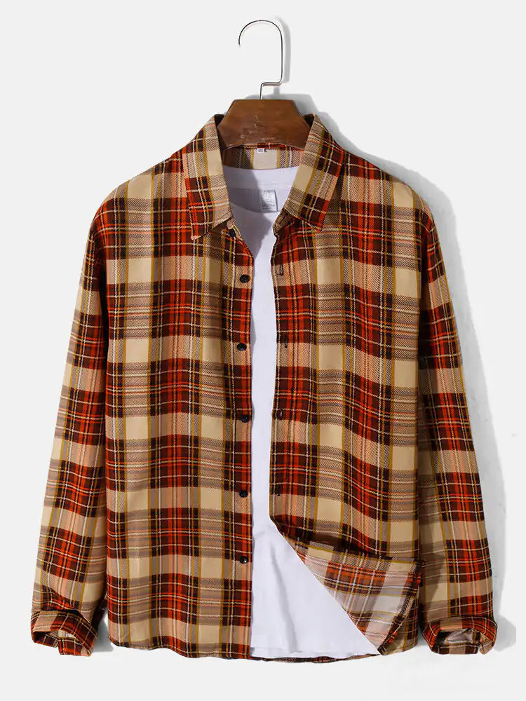 Mens Plaid Print Lapel Long Sleeve Preppy Shirts