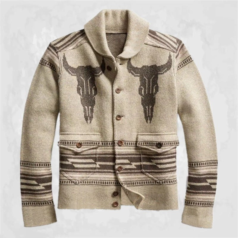 Casual Fashion Vintage Jacquard Knitted Jacket Long-sleeved Lapel Button Sweater Men