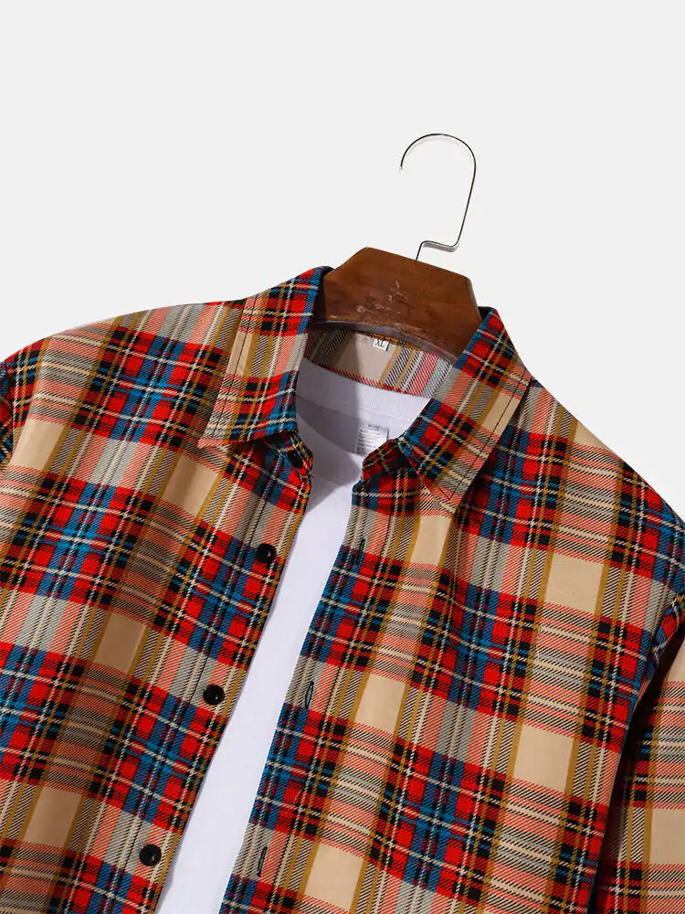 Mens Plaid Print Lapel Long Sleeve Preppy Shirts